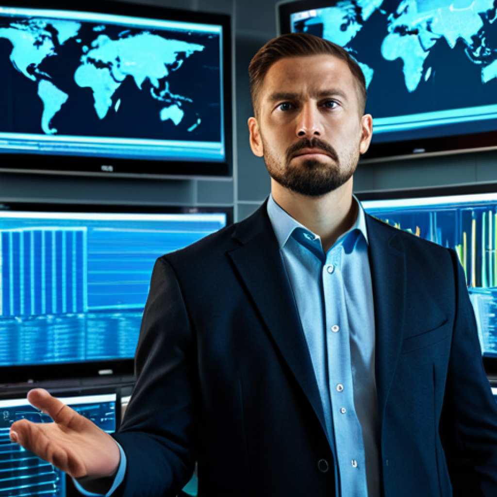 A focused cybersecurity expert, fully clothed in a modest professional business suit, looking at multiple large digital screens in a modern, well-lit Security Operations Center (SOC). The screens display abstract network data visualizations, secure connections, and non-threatening threat alerts. The expert has a natural pose, perfect anatomy, correct proportions, well-formed hands, and proper finger count. The image emphasizes data analysis and strategic threat intelligence. Safe for work, appropriate content, fully clothed, professional, family-friendly.