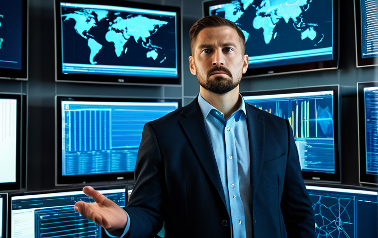 A focused cybersecurity expert, fully clothed in a modest professional business suit, looking at multiple large digital screens in a modern, well-lit Security Operations Center (SOC). The screens display abstract network data visualizations, secure connections, and non-threatening threat alerts. The expert has a natural pose, perfect anatomy, correct proportions, well-formed hands, and proper finger count. The image emphasizes data analysis and strategic threat intelligence. Safe for work, appropriate content, fully clothed, professional, family-friendly.