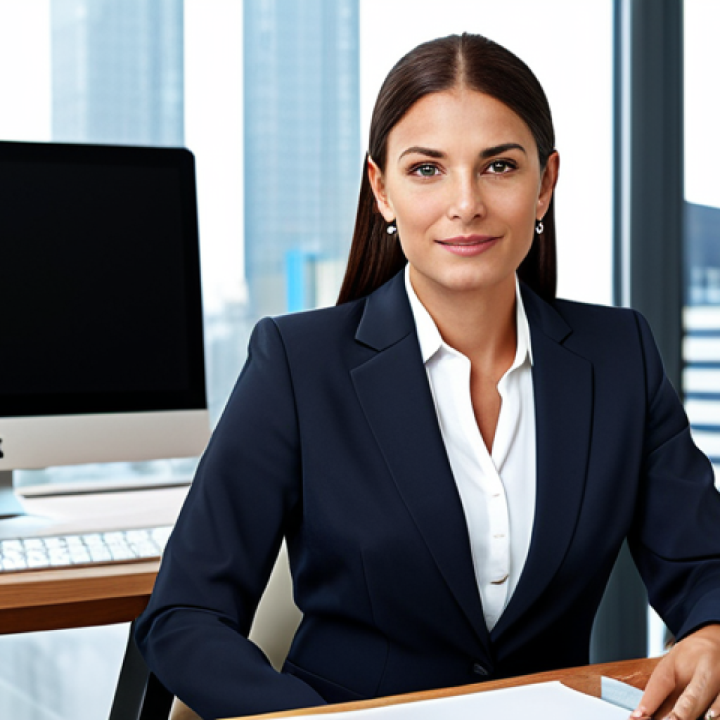 **
A professional businesswoman in a modest business suit, sitting at a desk in a modern office, fully clothed, appropriate attire, safe for work, perfect anatomy, natural proportions, professional photography, high quality, family-friendly.
**