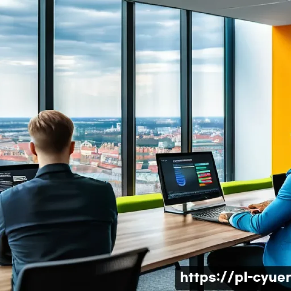 인간 중심 사이버 공격 대응 전략 - A modern office environment in Warsaw with a diverse team of professionals engaged in a cybersecurit...