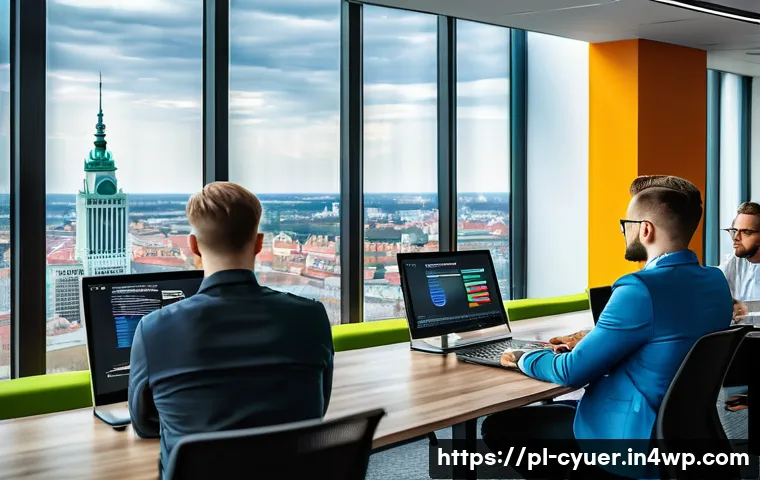 인간 중심 사이버 공격 대응 전략 - A modern office environment in Warsaw with a diverse team of professionals engaged in a cybersecurit...