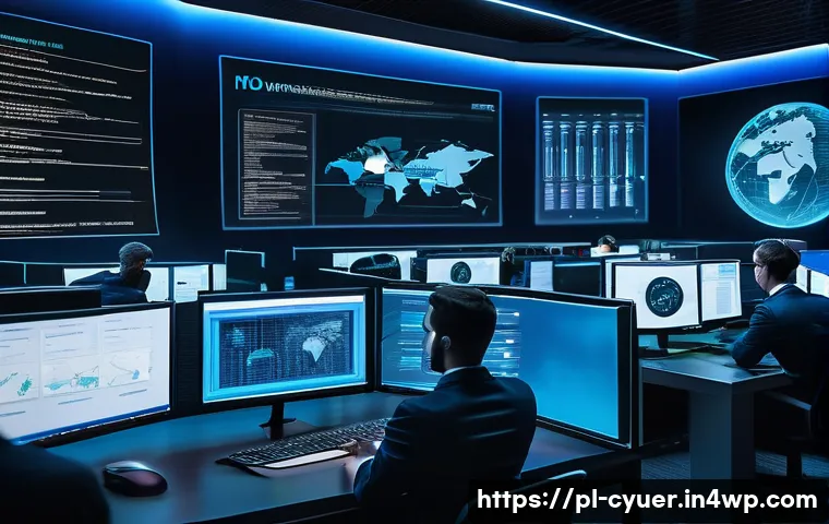 사이버 공격 대응 툴의 종류와 선택 기준 - A modern corporate cybersecurity operations center with diverse IT professionals monitoring multiple...