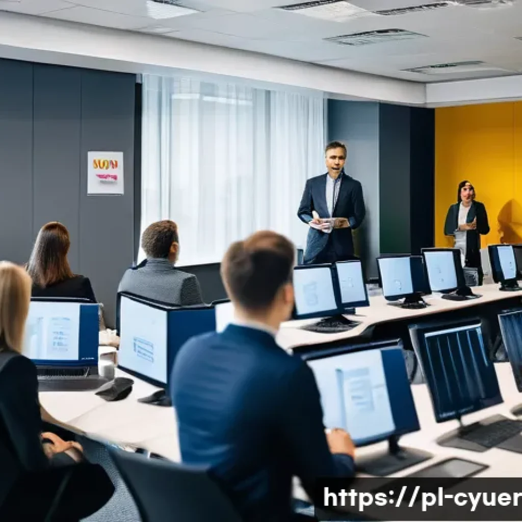 사이버 공격 대응을 위한 인력 교육 방법 - A modern corporate training room filled with diverse Polish employees attentively participating in a...