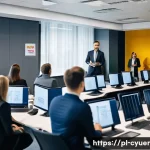 Home 19 사이버 공격 대응을 위한 인력 교육 방법 - A modern corporate training room filled with diverse Polish employees attentively participating in a...