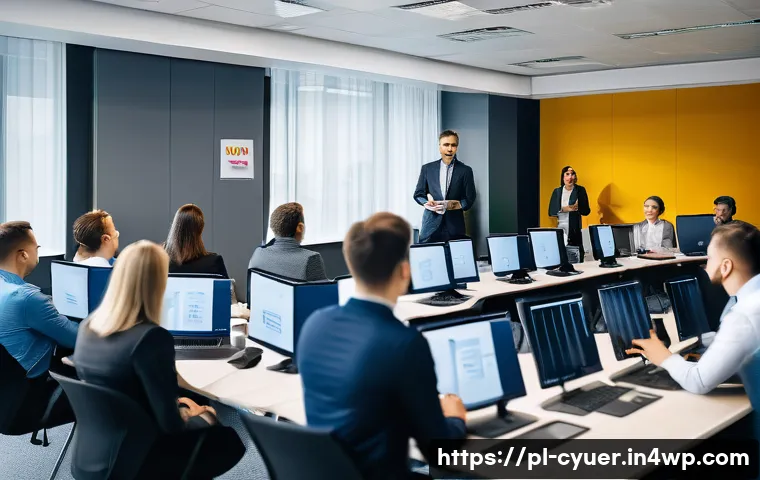 사이버 공격 대응을 위한 인력 교육 방법 - A modern corporate training room filled with diverse Polish employees attentively participating in a...