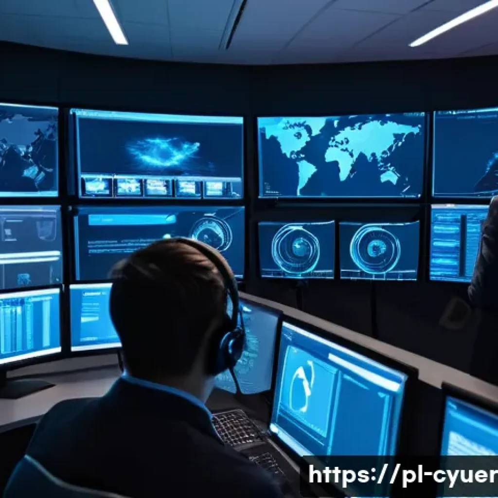 사이버 공격 대응 시나리오 분석 - A modern cybersecurity operations center with a diverse team of IT professionals monitoring multiple...
