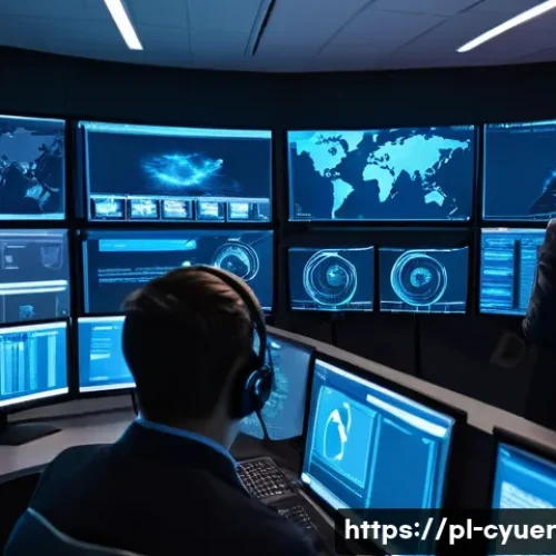 Home 30 사이버 공격 대응 시나리오 분석 - A modern cybersecurity operations center with a diverse team of IT professionals monitoring multiple...