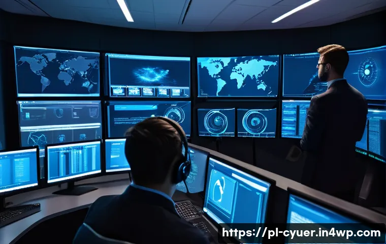 사이버 공격 대응 시나리오 분석 - A modern cybersecurity operations center with a diverse team of IT professionals monitoring multiple...
