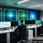 Home 23 사이버 공격 발생 시 피해 최소화를 위한 전략 - A modern Polish office environment showcasing network security in action: multiple employees at thei...