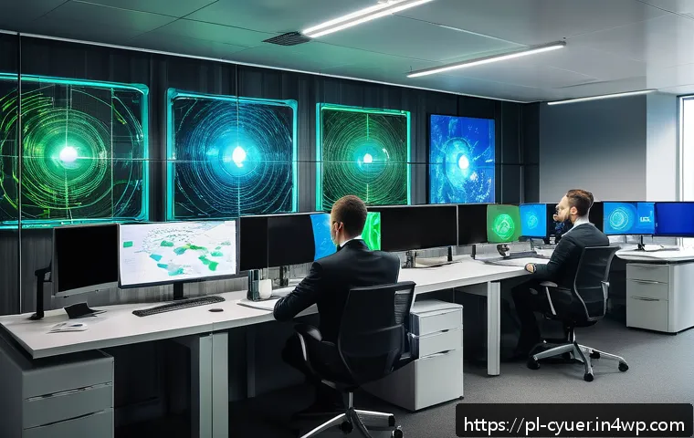 사이버 공격 발생 시 피해 최소화를 위한 전략 - A modern Polish office environment showcasing network security in action: multiple employees at thei...